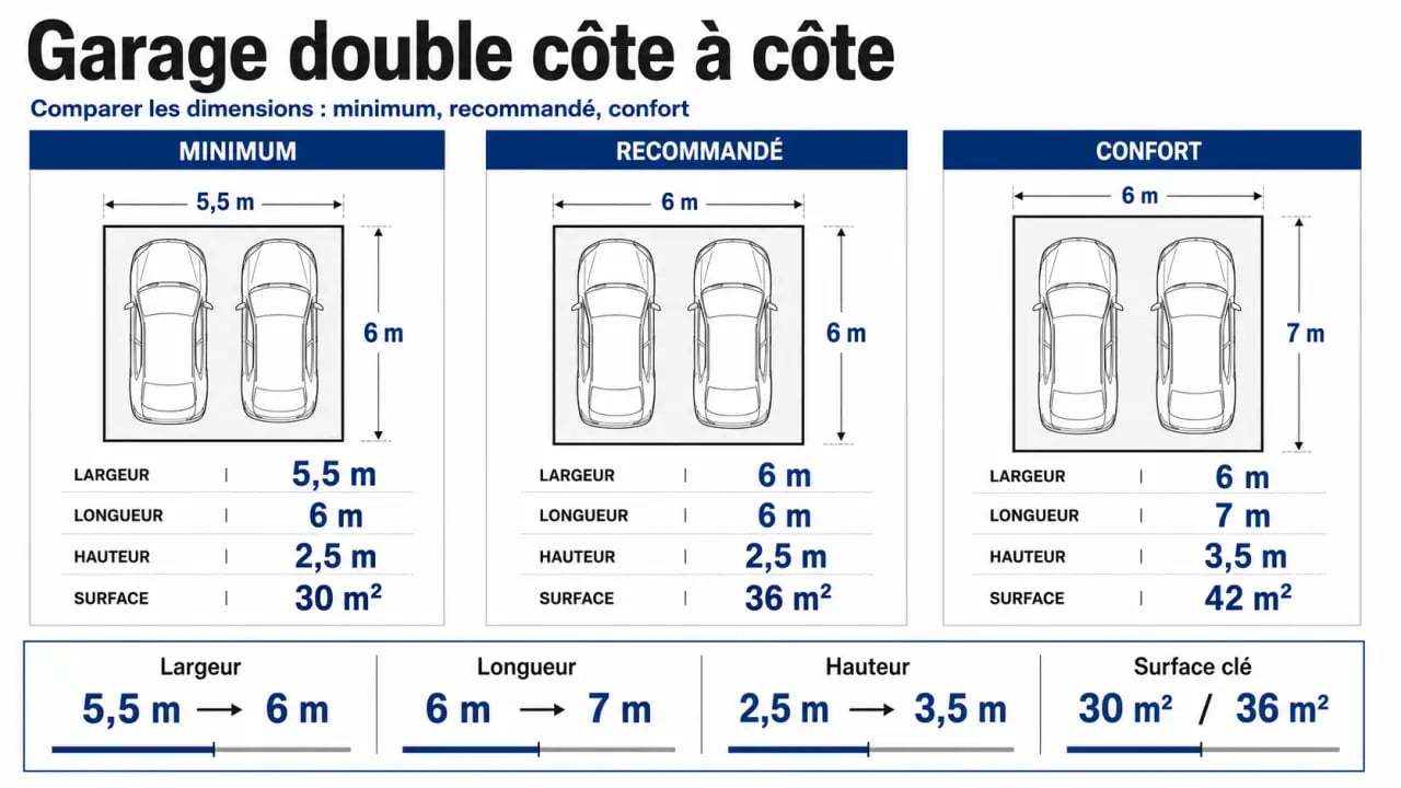 Dimension garage 2 voitures : comparaison visuelle des largeurs, longueurs, hauteurs et surfaces recommandées
