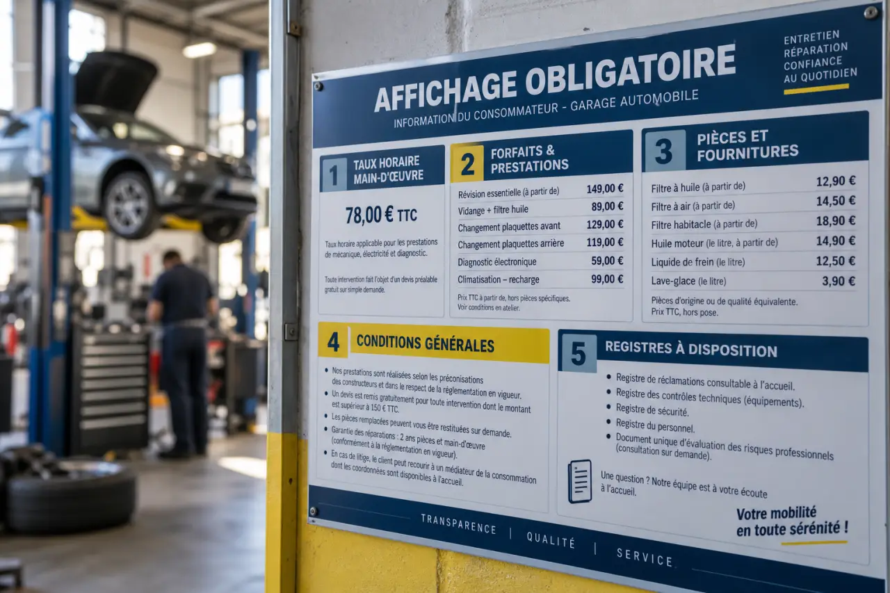 Affichage obligatoire d’un garage automobile : 5 zones, des prix aux registres