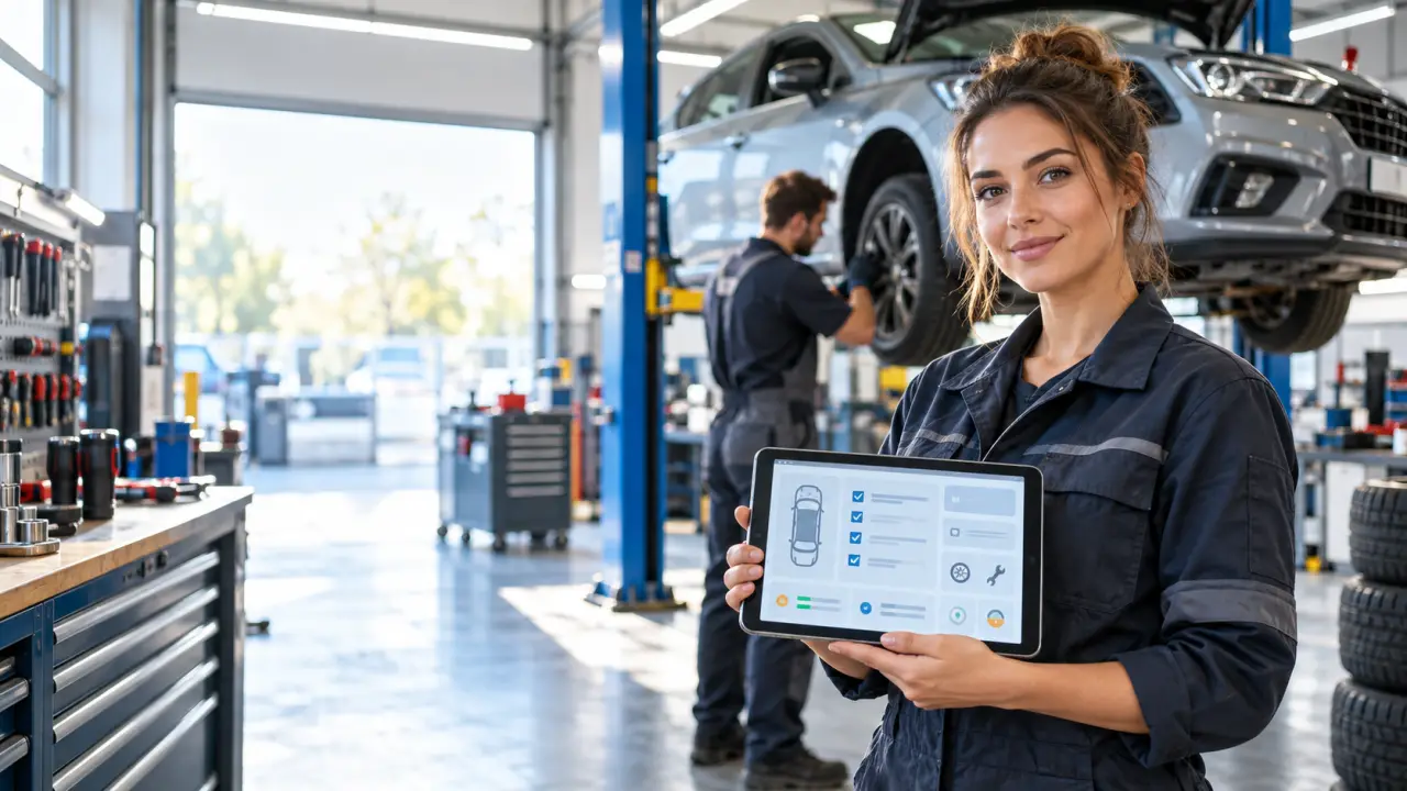 Mécanicien utilisant une tablette pour remplir une fiche d’intervention numérique dans un garage