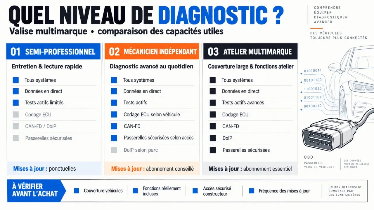 Comparatif visuel pour choisir une meilleure valise de diagnostic auto multimarque professionnelle selon les fonctions et le niveau d’usage
