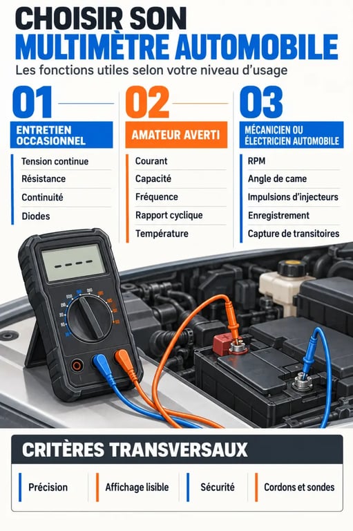 Infographie comparative des fonctions d’un multimètre automobile selon les usages