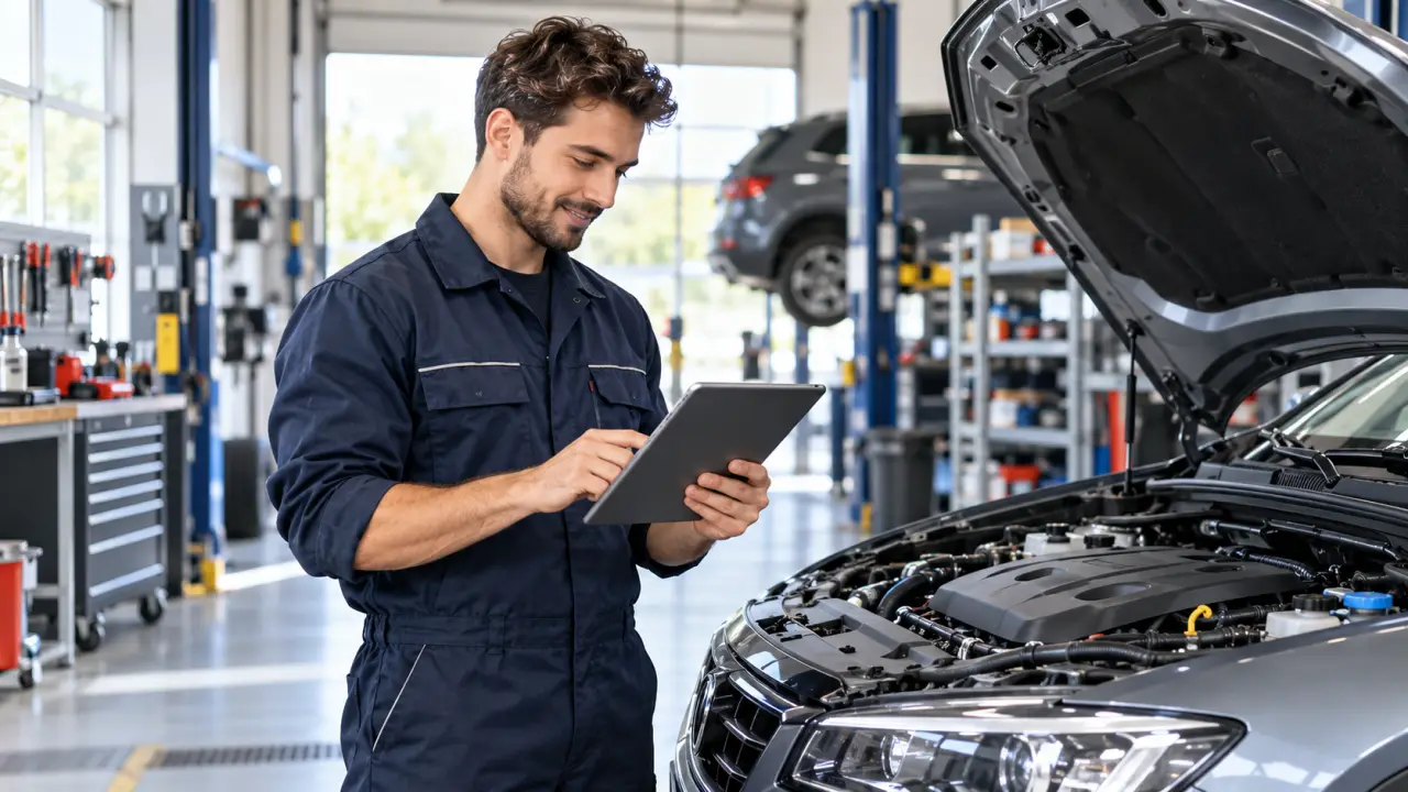Mécanicien consultant une fiche d’intervention automobile sur une tablette dans un atelier