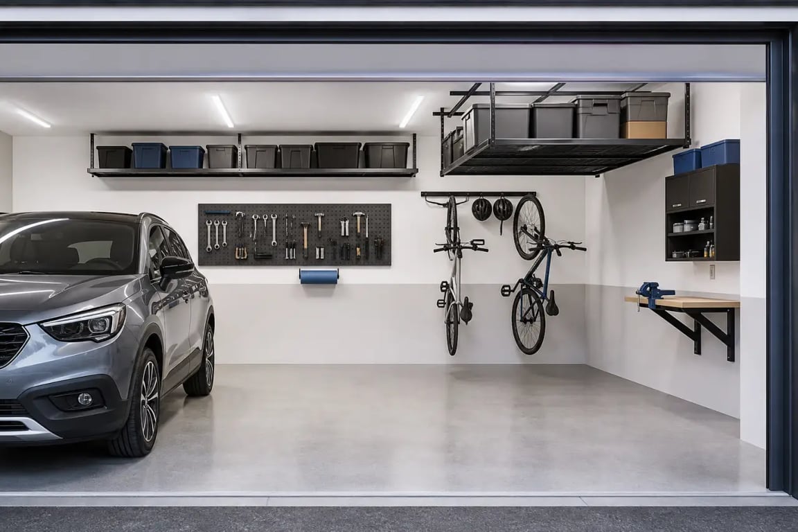 Aménagement du garage avec rangements muraux, stockage au plafond et établi