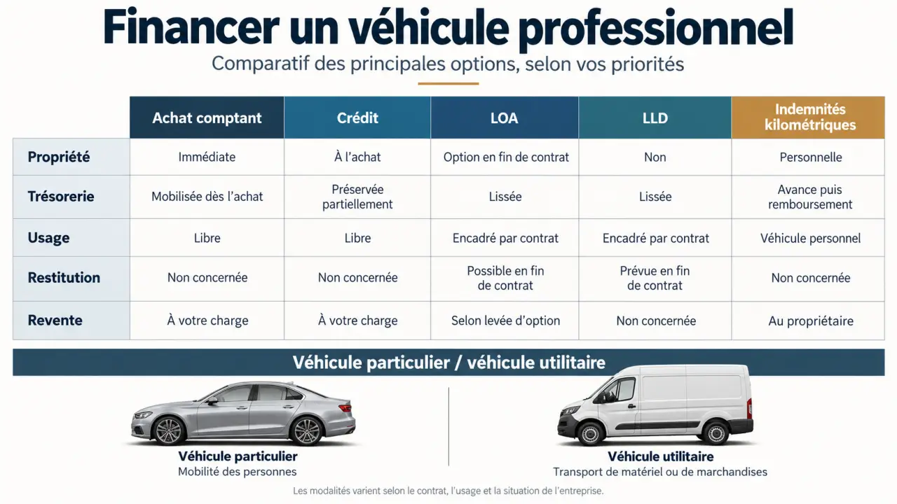 Infographie comparative sur l’achat véhicule professionnel et les modes de financement