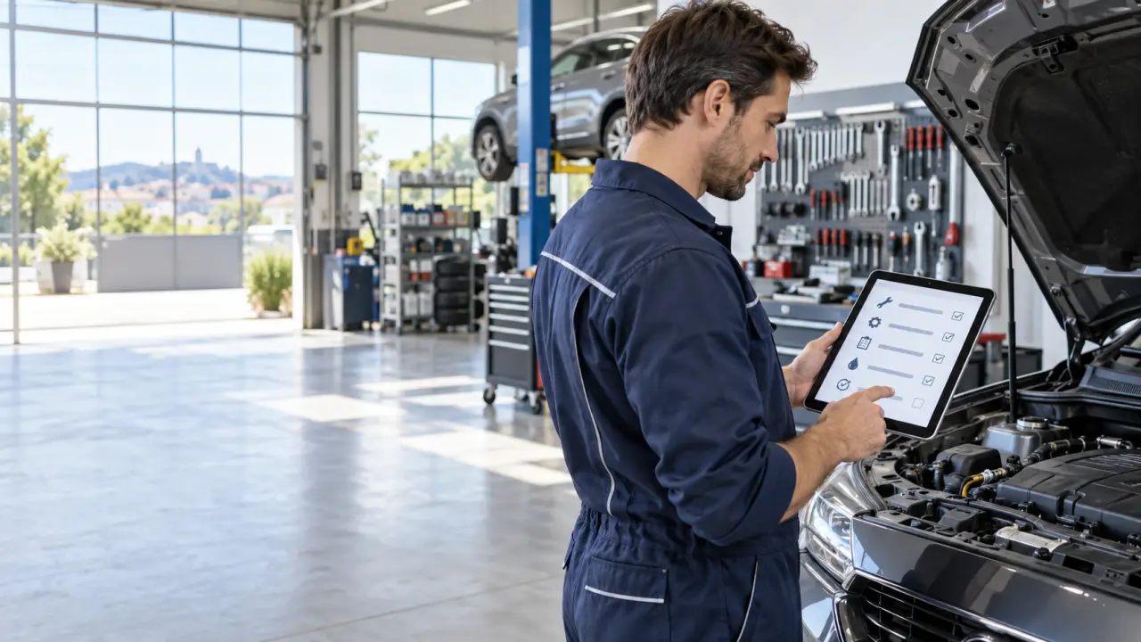 Mécanicien utilisant une tablette pour remplir une fiche d’intervention numérique dans un garage