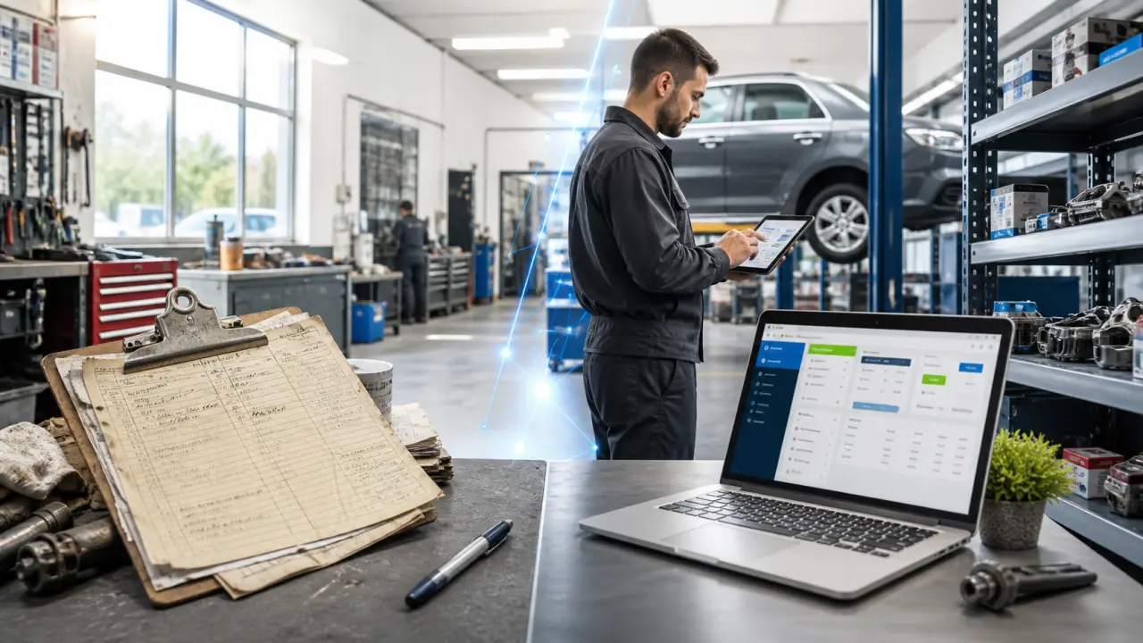 Mécanicien dans un garage moderne tenant une tablette avec un tableau de bord numérique