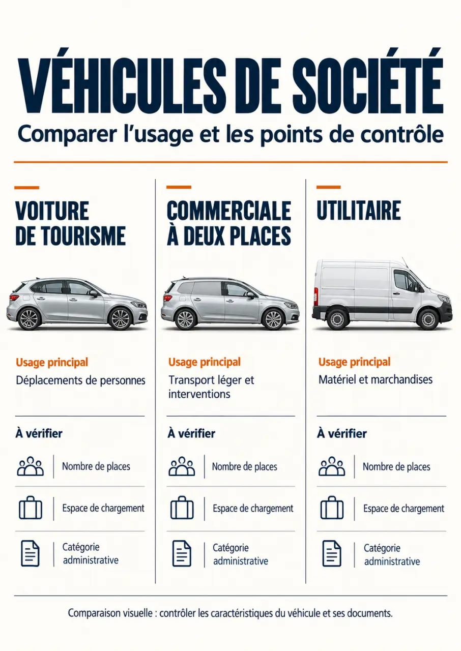 Infographie comparative des véhicules société : voiture de tourisme, voiture commerciale et utilitaire