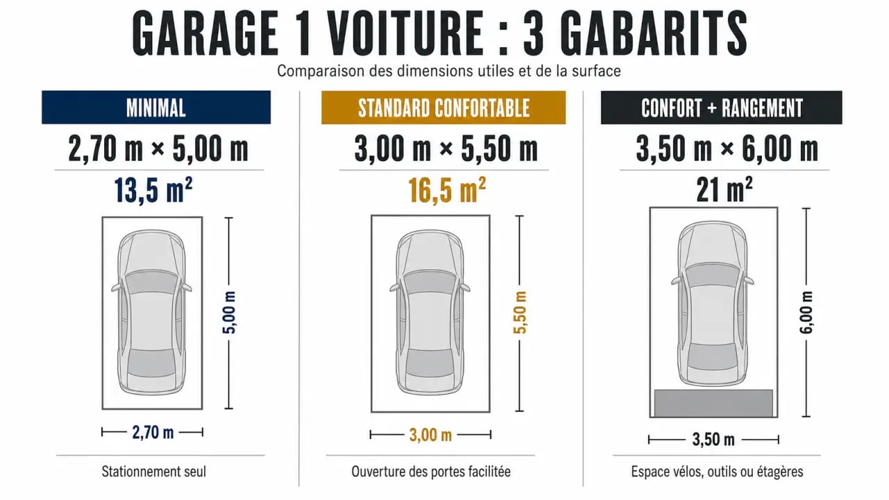 Plan dimension garage 1 voiture : comparaison visuelle des surfaces minimales, standard et confortables