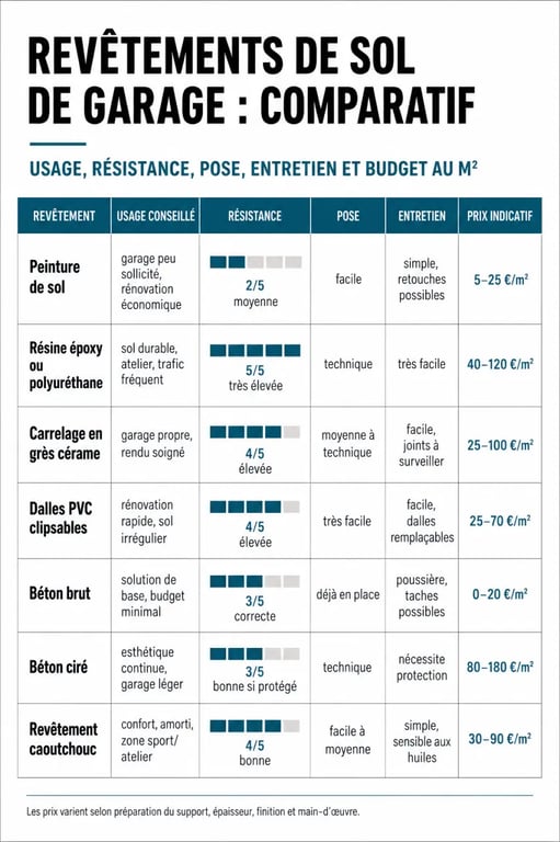 Comparatif du revetement sol de garage : prix, résistance, pose et entretien