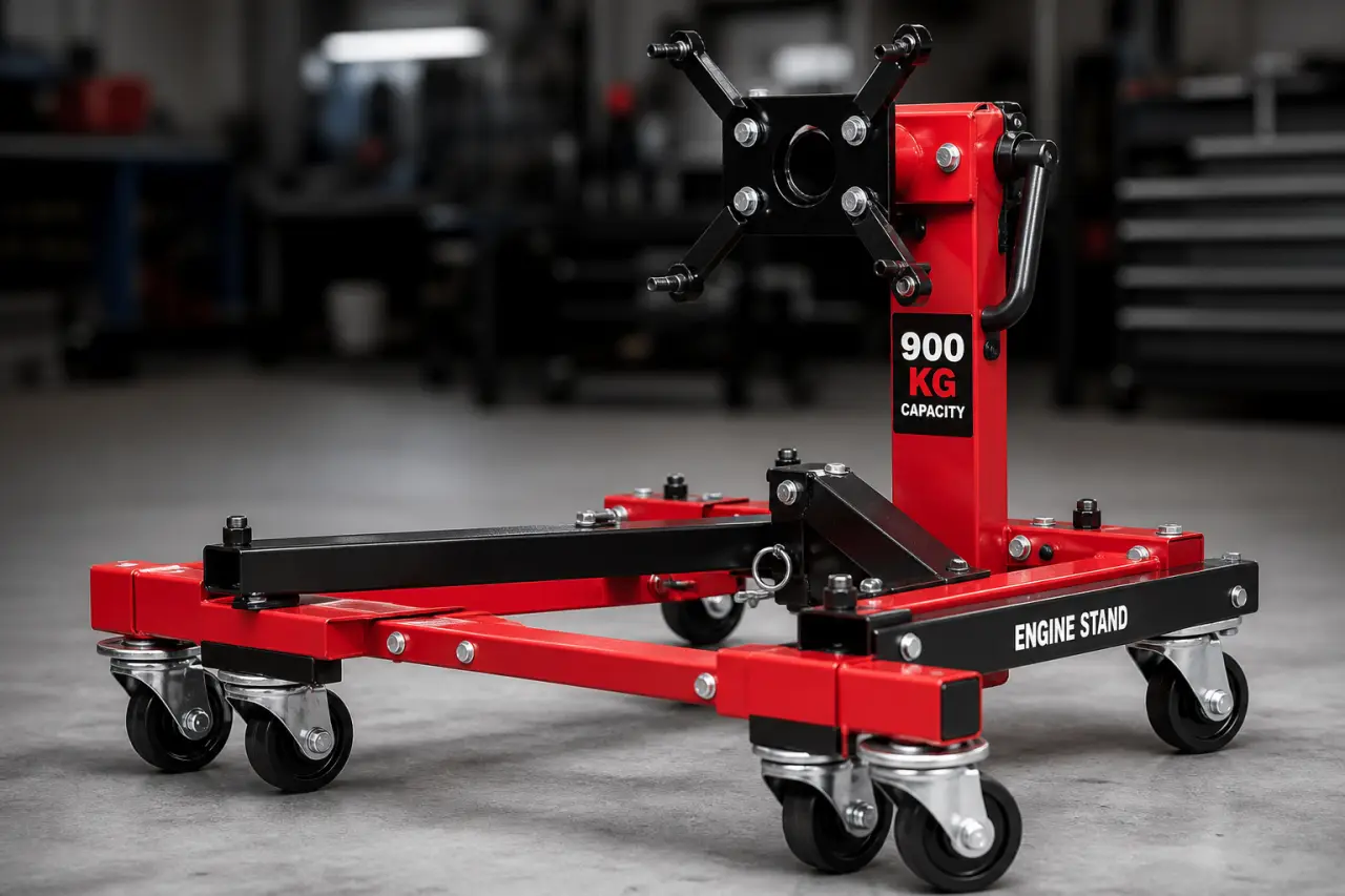 Support moteur d’atelier : 900 kg, 6 roues et un format pliable pour gagner de la place