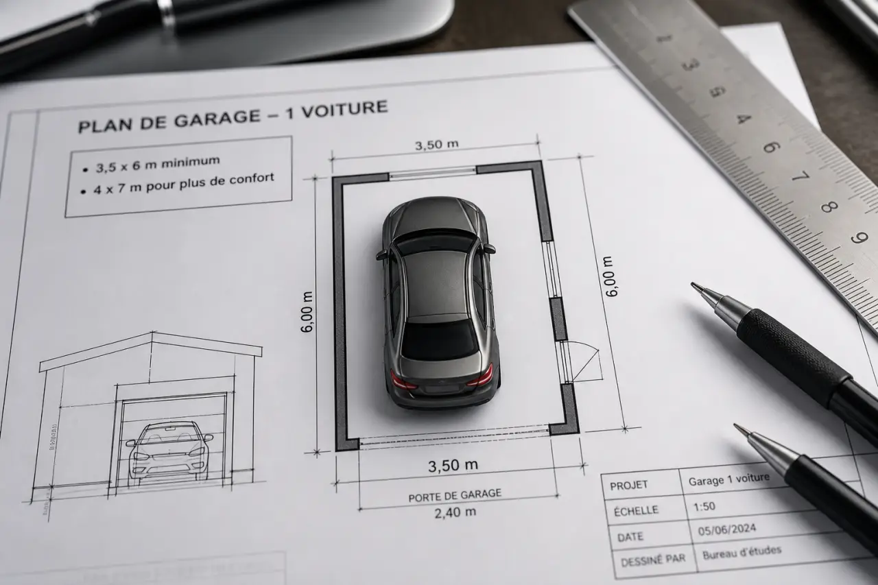 Plan de garage 1 voiture : 3,5 x 6 m minimum, 4 x 7 m pour plus de confort