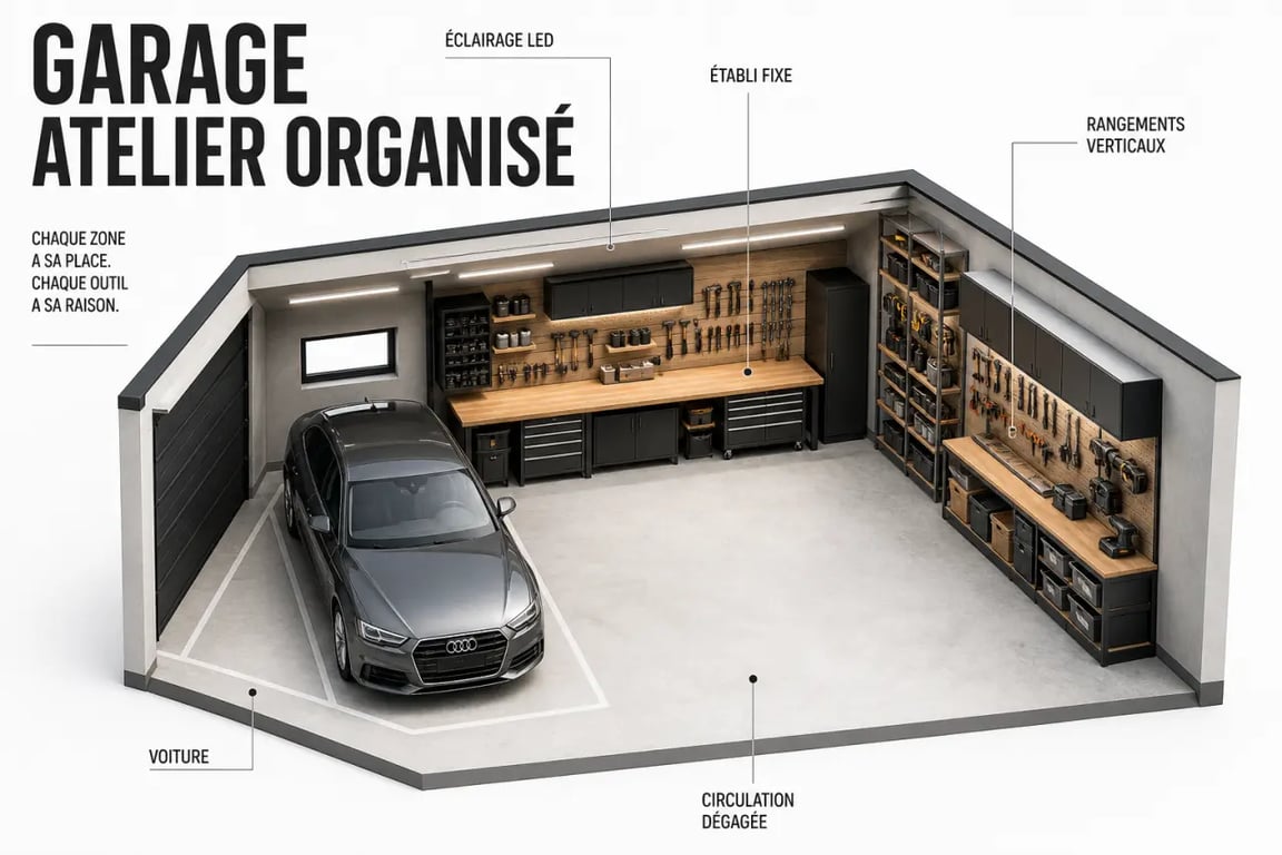 Aménager un atelier dans son garage avec voiture, établi et rangements verticaux