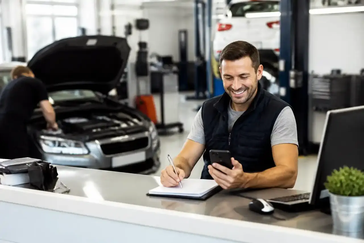 Mécanicien souriant dans un garage moderne tenant une tablette avec un tableau de bord numérique