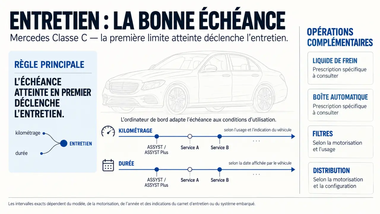 Infographie sur la périodicité entretien Mercedes Classe C avec ASSYST, services A et B et opérations complémentaires