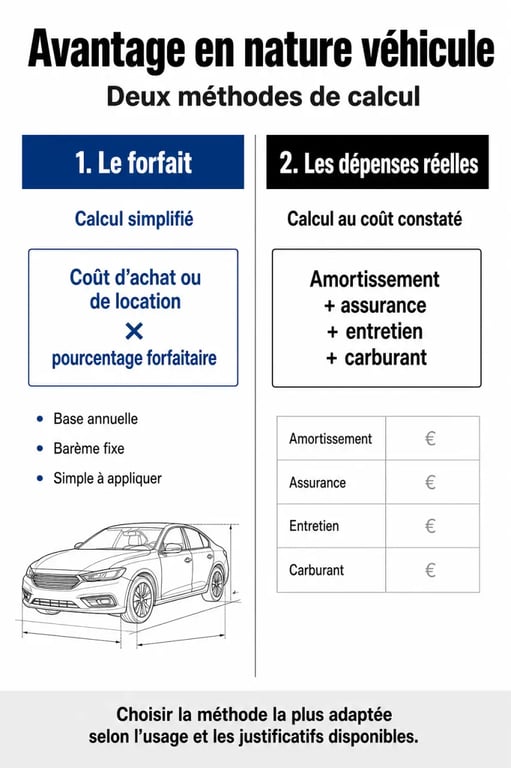 Infographie comparative pour le calcul avantage nature voiture : forfait vs dépenses réelles