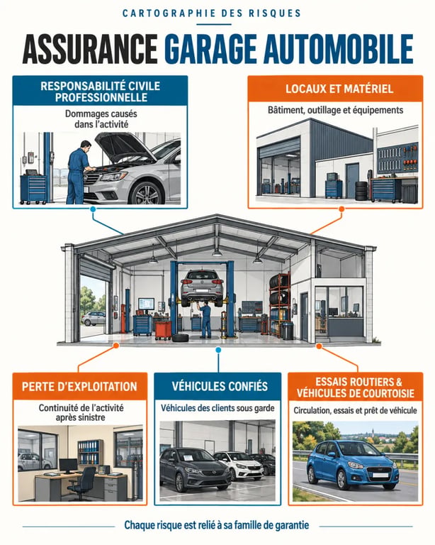 Infographie sur l’assurance garage automobile et les principales garanties à contrôler