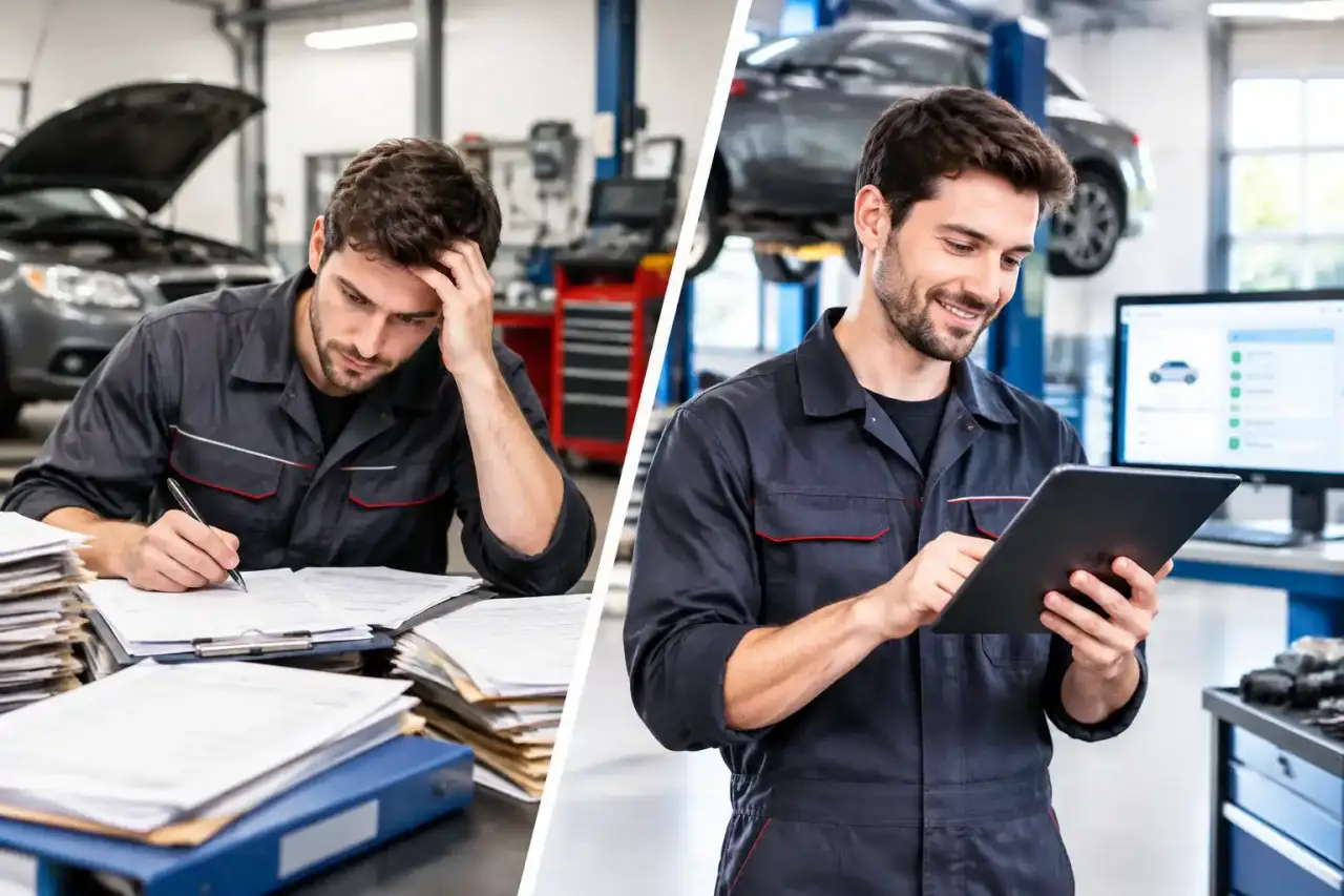 Mécanicien consultant une fiche d’intervention numérique sur une tablette dans un garage moderne