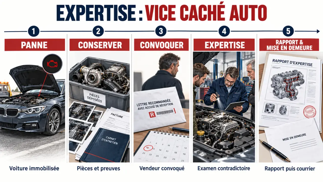 Parcours d’une expertise vice caché voiture, de la panne au rapport et au recours