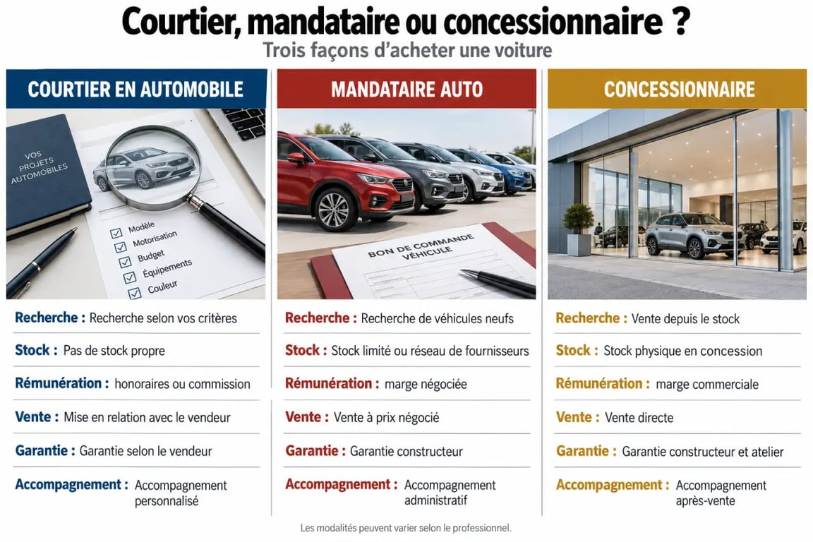 Comparaison visuelle du courtier en automobile, du mandataire auto et du concessionnaire