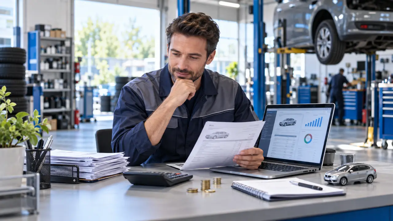 Gérant de garage consultant un tableau de bord financier sur une tablette