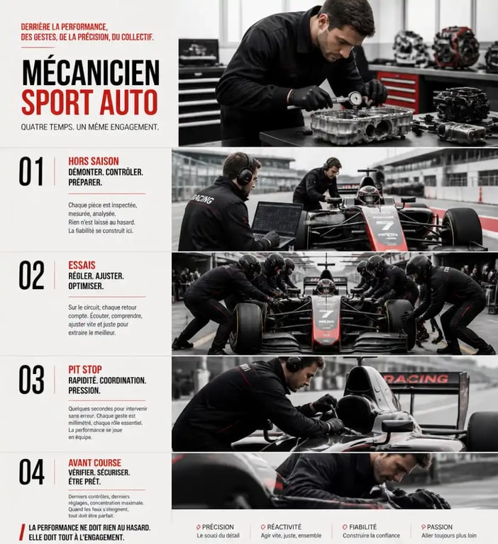 Mécanicien sport automobile en atelier, en paddock et au pit stop pendant la saison