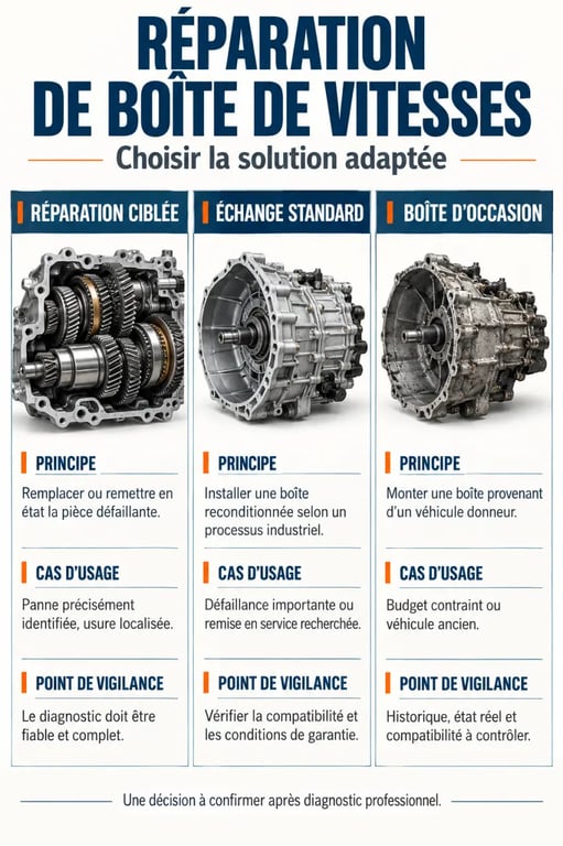 Réparation boîte de vitesse : comparaison entre réparation ciblée, échange standard et boîte d’occasion