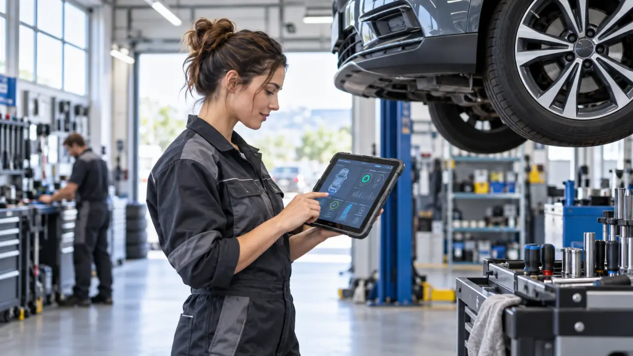 Mécanicien consultant une fiche d’intervention numérique sur une tablette dans un atelier automobile