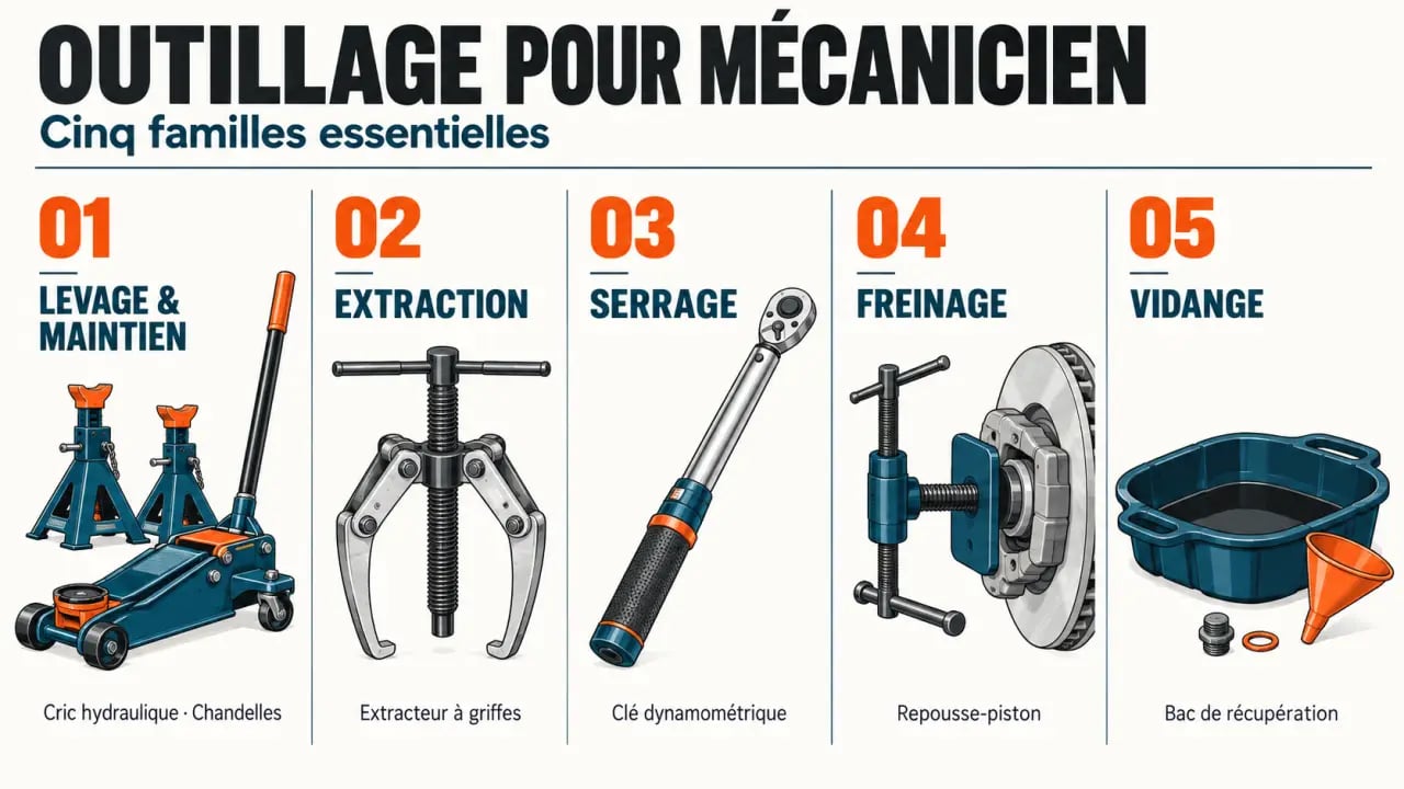 Outillage pour mécanicien classé par intervention : levage, extraction, serrage, freinage et vidange