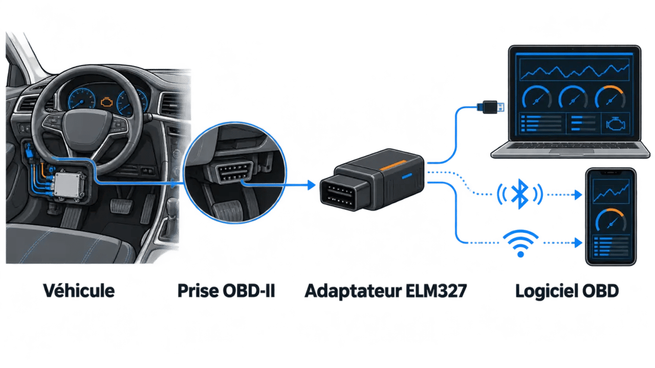 Schéma de fonctionnement d'un logiciel OBD gratuit avec prise OBD-II et adaptateur ELM327
