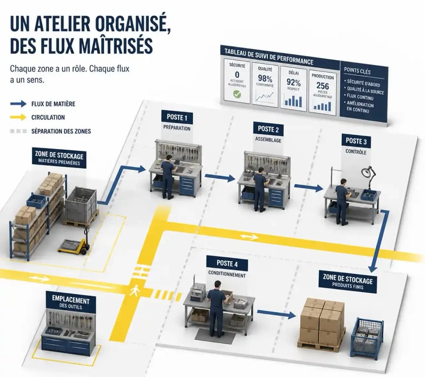 Organisation atelier de production : schéma éditorial des zones, des flux et de la circulation dans un atelier