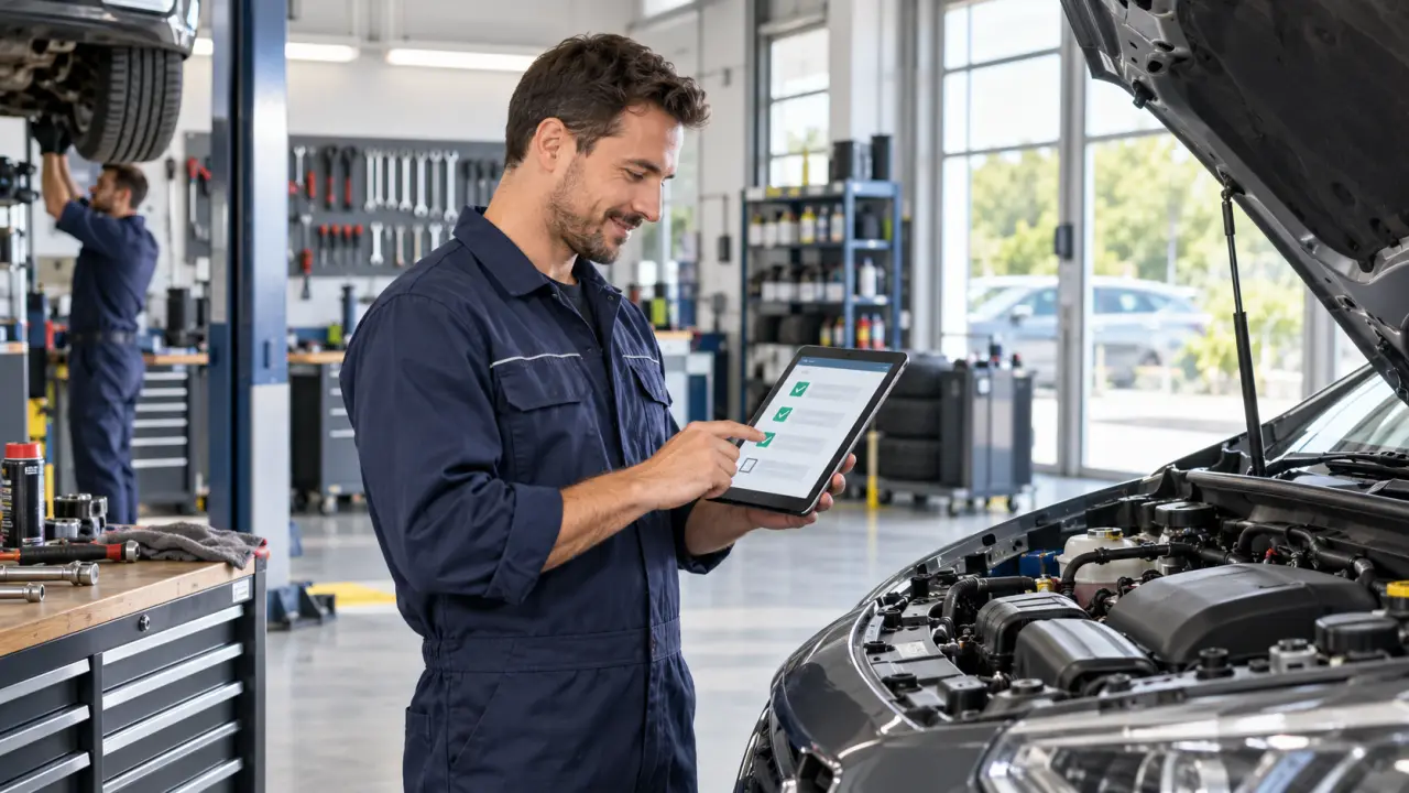 Mécanicien utilisant une tablette pour remplir une fiche d’intervention automobile
