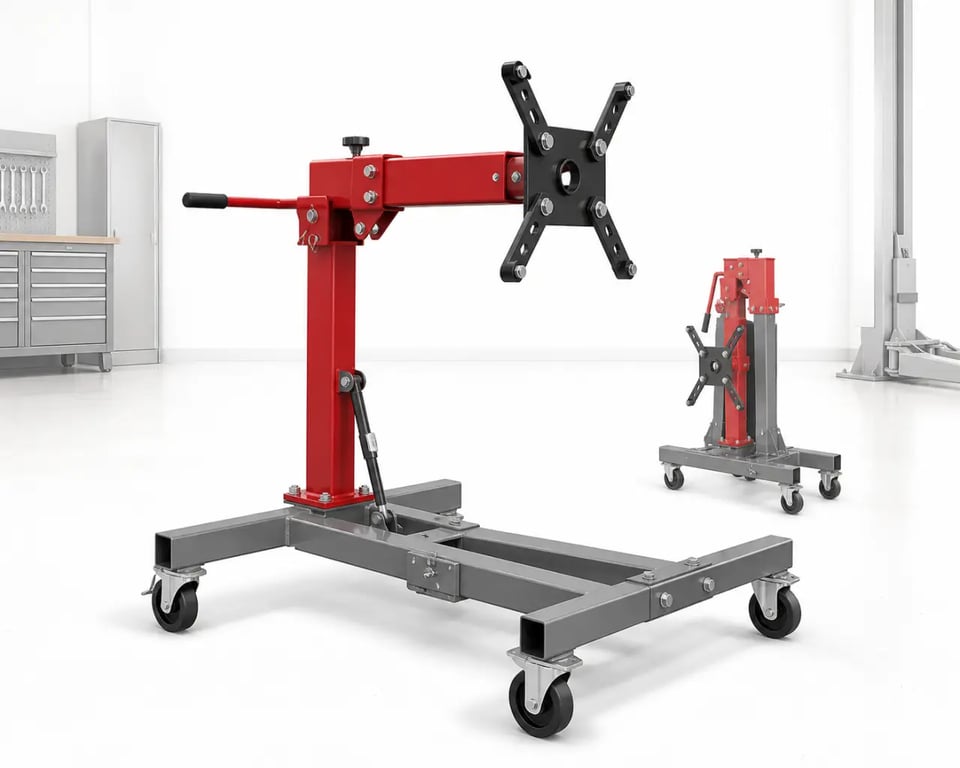 Support moteur atelier mobile sur 6 roues dans un garage mécanique, avec réglages et pliage visibles