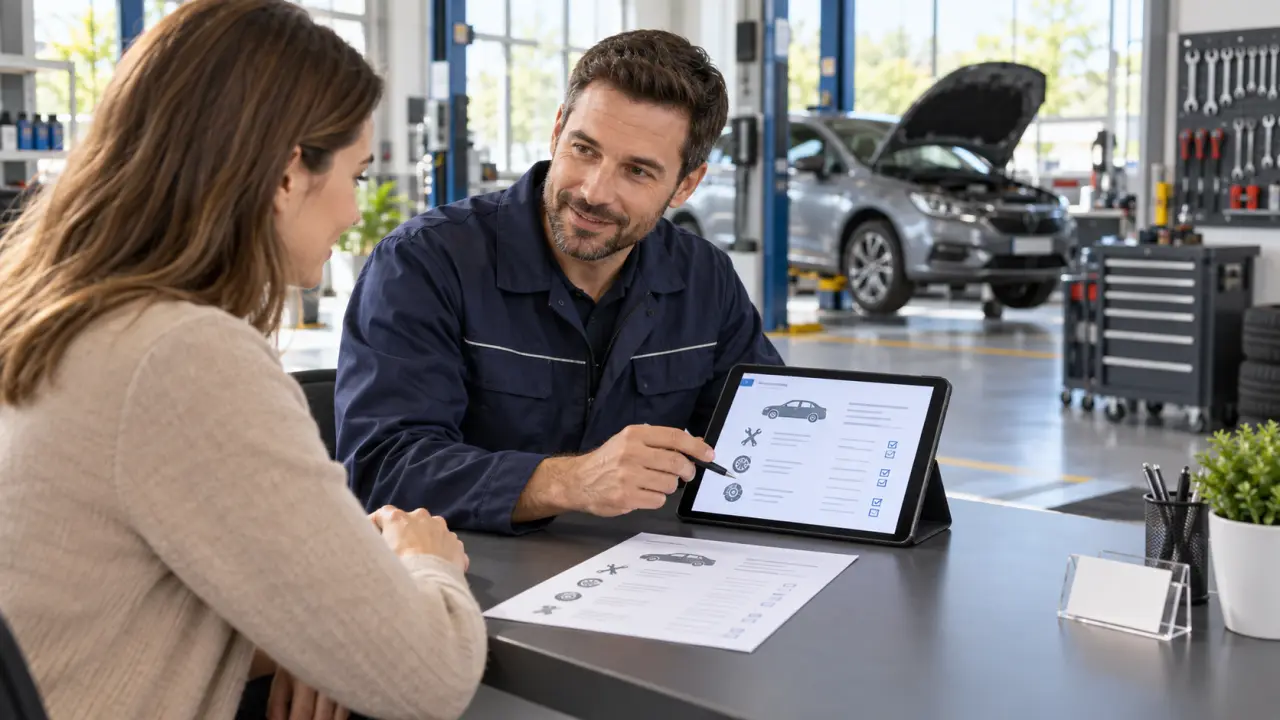 Mécanicien consultant un devis automobile sur une tablette dans un garage moderne