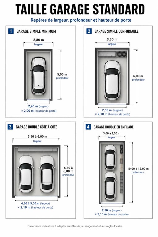 Infographie sur la taille garage standard avec comparatif des dimensions d’un garage simple, double côte à côte et en enfilade