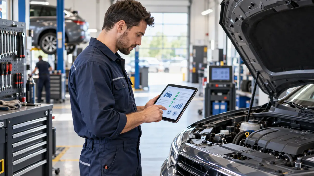 Mécanicien consultant une fiche d’intervention numérique sur une tablette dans un atelier automobile