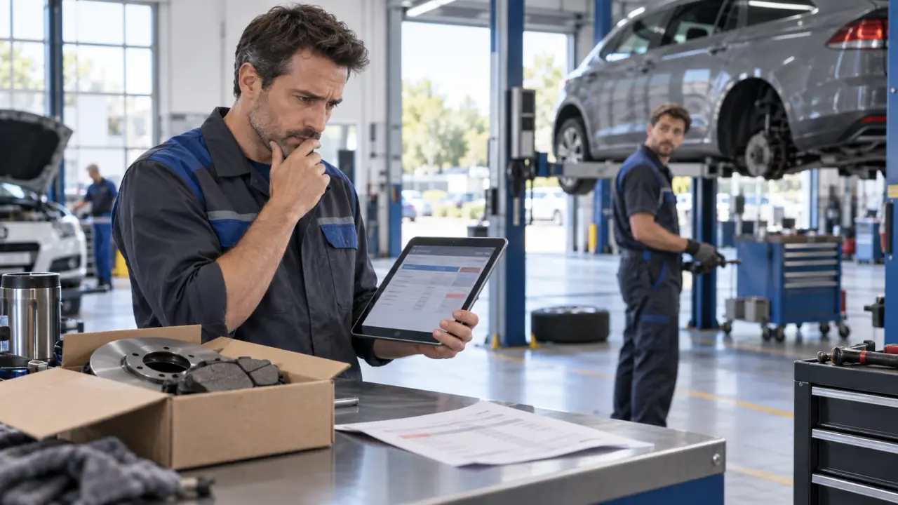 Mécanicien consultant un devis automobile sur une tablette dans un atelier moderne