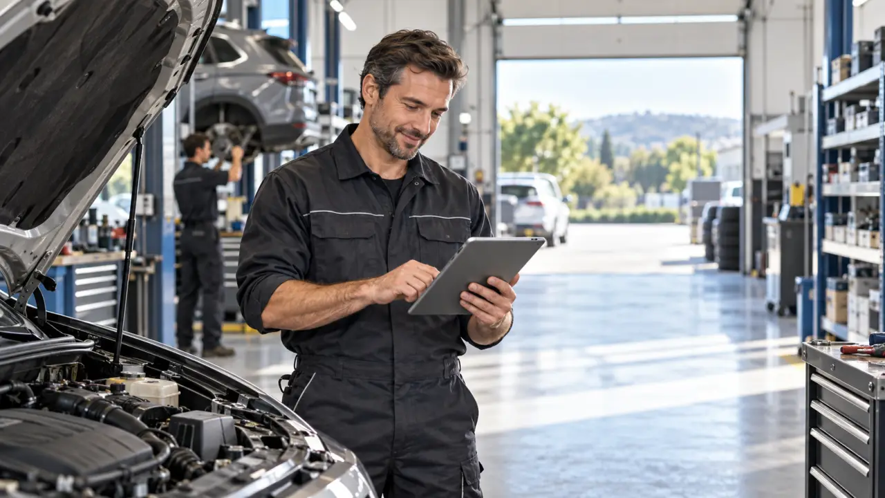 Mécanicien préparant un devis automobile sur une tablette dans un garage moderne