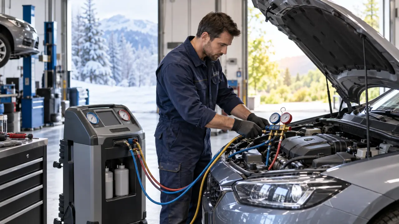 Mécanicien contrôlant la climatisation d’une voiture dans un atelier moderne