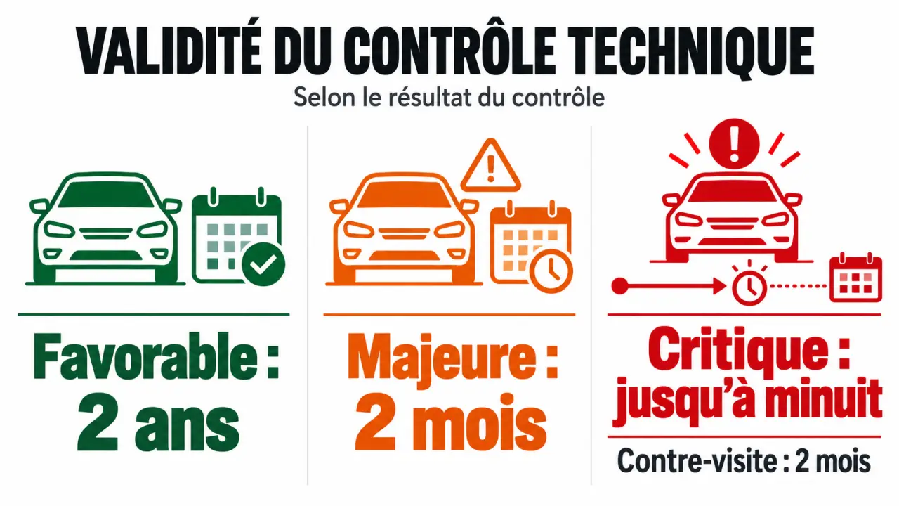 Infographie sur la validité controle technique selon le résultat favorable, majeur ou critique