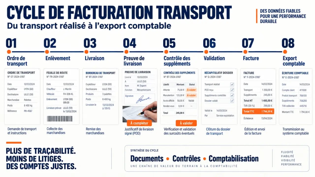 Cycle d’un logiciel de facturation transport, de la livraison à l’émission de la facture