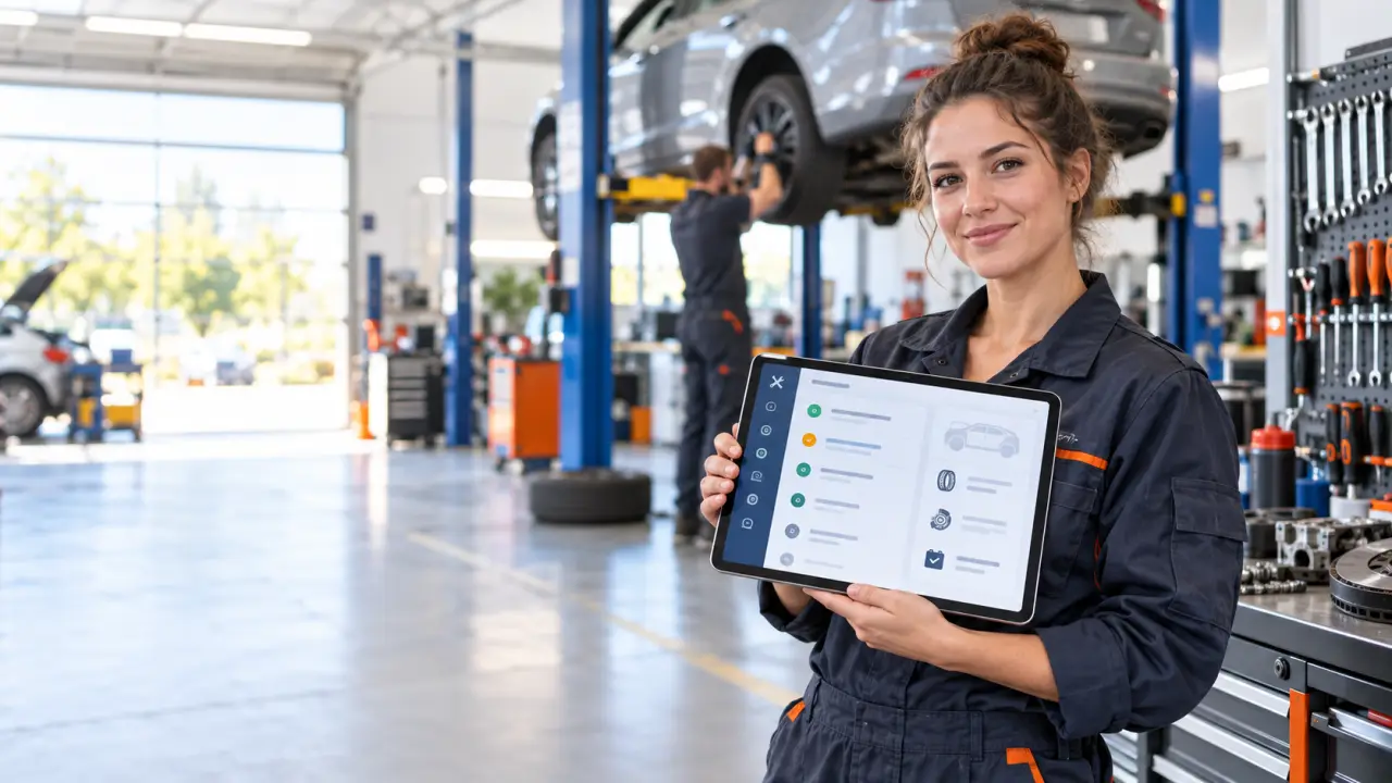 Mécanicien consultant une fiche d’intervention numérique sur une tablette dans un garage moderne