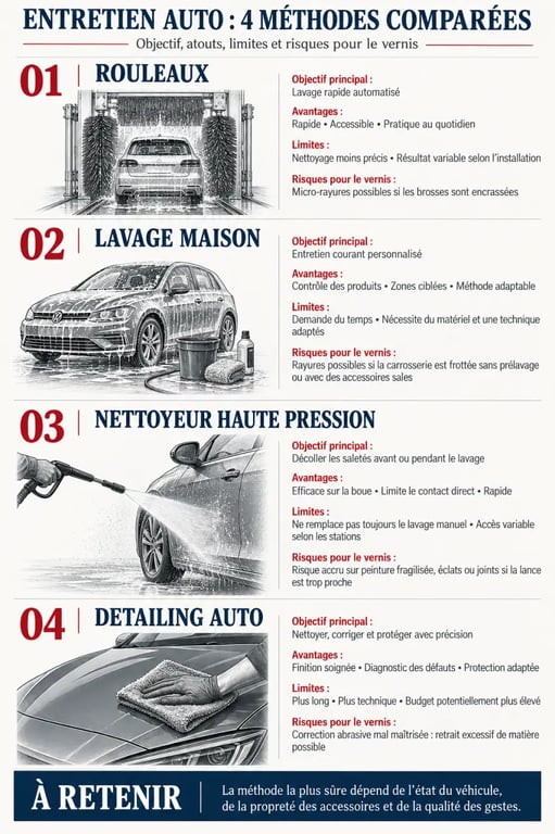 Infographie comparative sur l’auto detailing, le lavage classique, les rouleaux et le nettoyeur haute pression